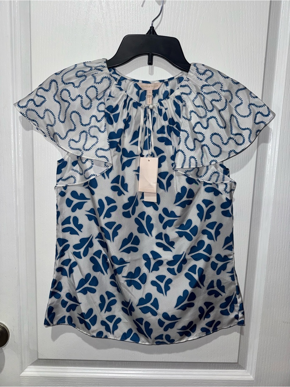 Rebecca Taylor Blue and White Printed Flutter-Sleeve Silky Top